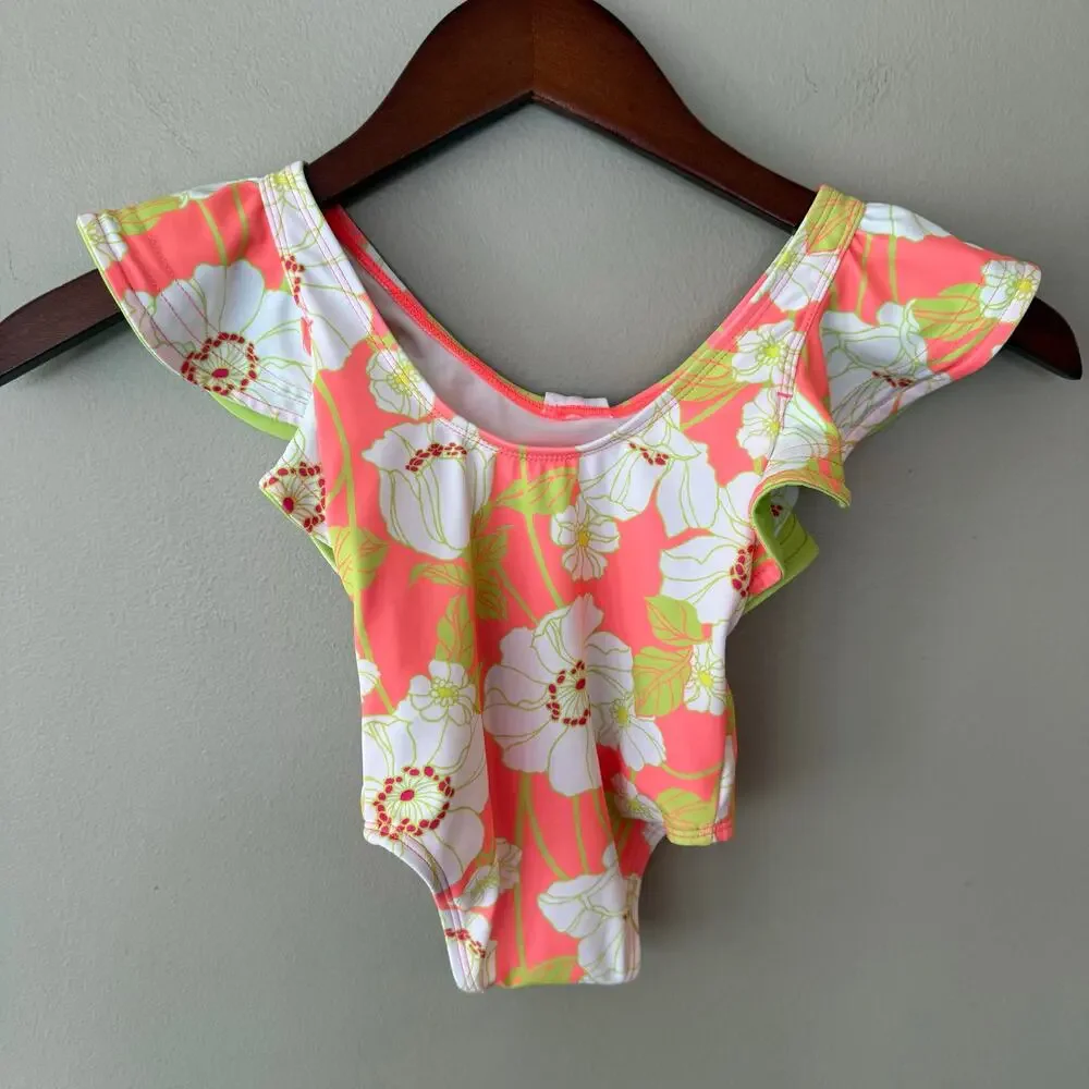 Janie‎ and Jack Ruffle Swimsuit Floral Coral Curl Girls 12-18 Mos Preppy Summer